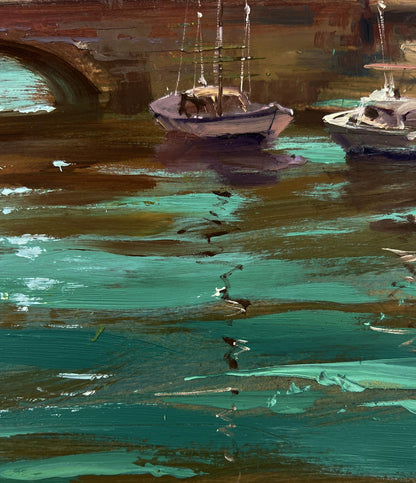 Oil painting of sailboat on teal water by Yuriy Suprunchuk