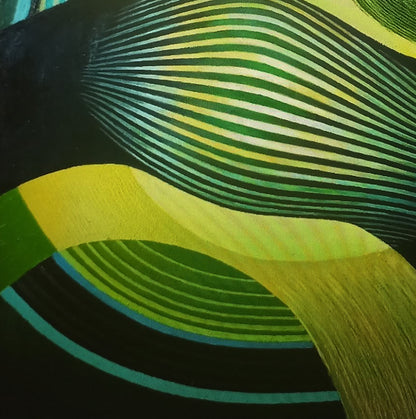 Oil painting Green uniform by Alexander Strashevich: vibrant green, yellow, teal stripes on dark background