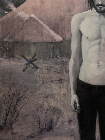 Shirtless man in dark pants in spring landscape oil painting by Oleg Kateryniuk
