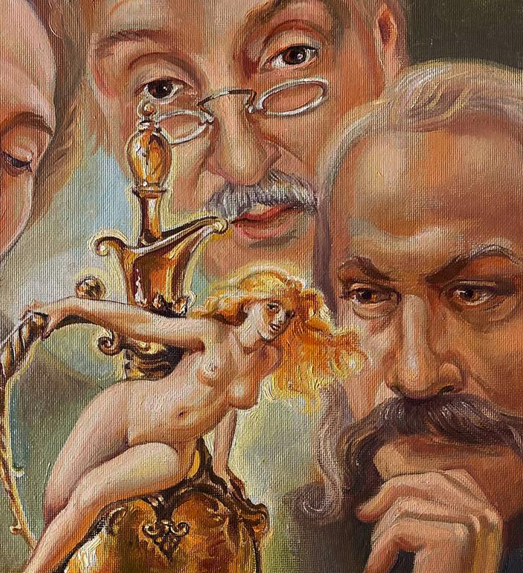 Nude figure holding golden ornate dagger in Natalia Bulat oil painting