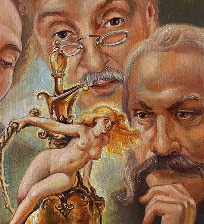 Nude figure holding golden ornate dagger in Natalia Bulat oil painting