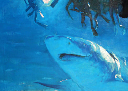Oil painting We didnt wait by Ed Potapenkov: great white shark in deep blue water