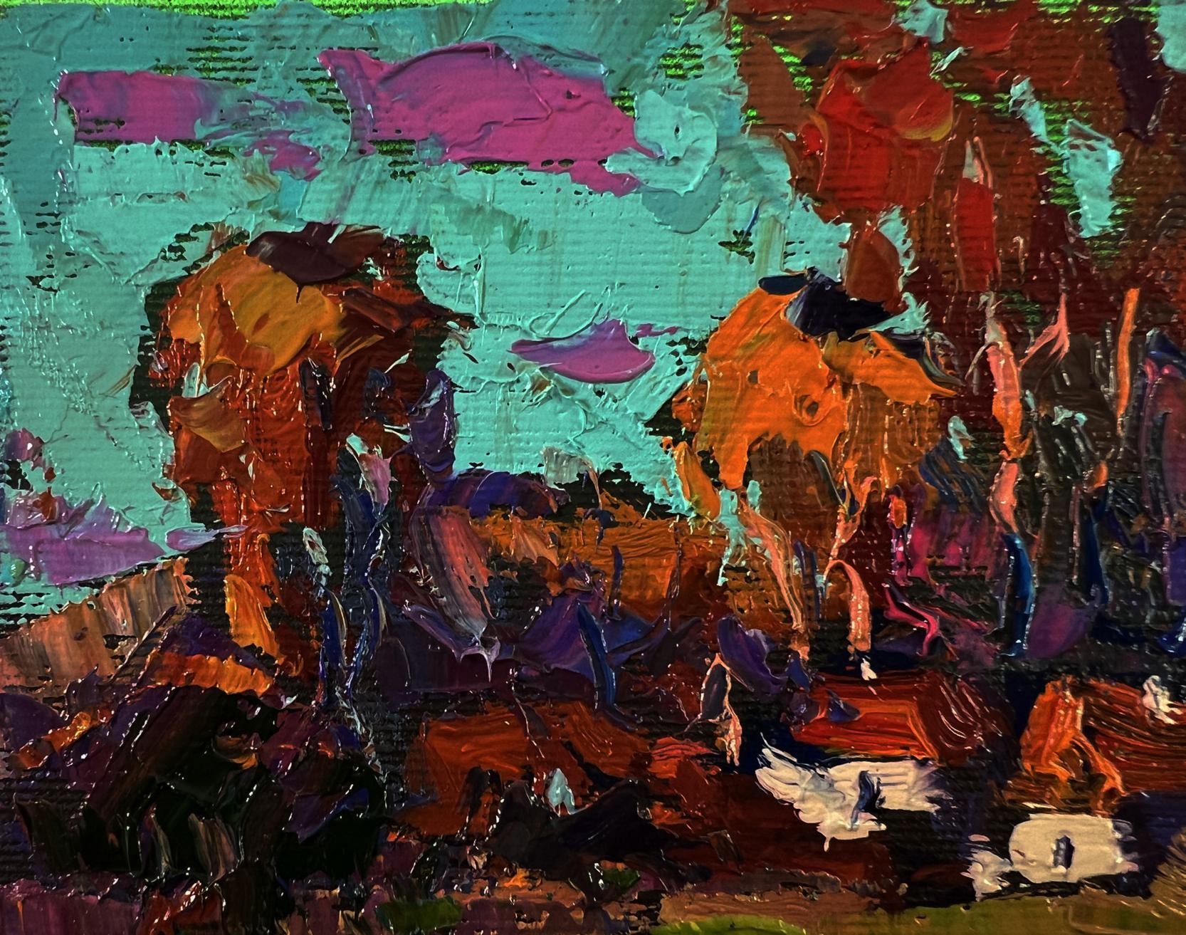 Vibrant Evening Village oil painting by Oksana Ivanyuk with teal impasto strokes