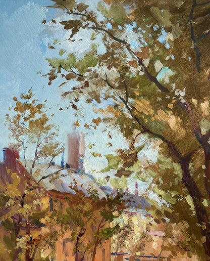 Textured impressionist oil painting of autumn alley with river by Yuriy Suprunchuk
