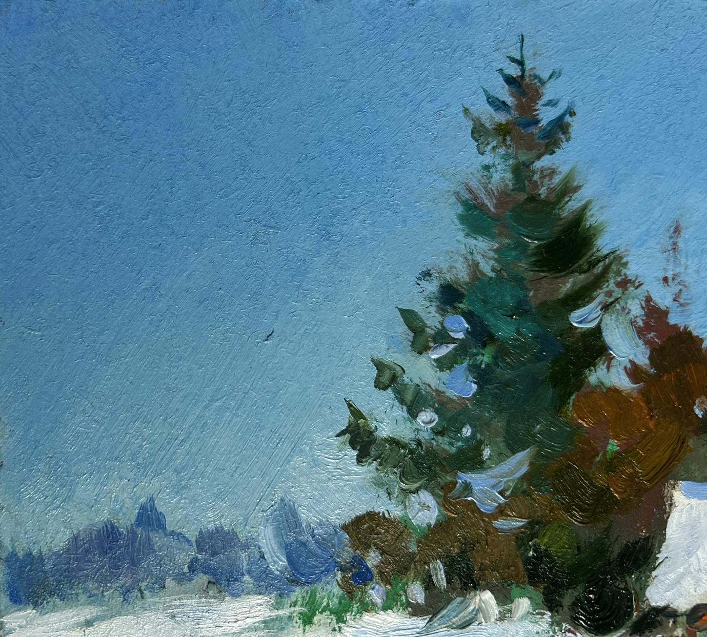 Textured oil painting of evergreen tree by Yuriy Suprunchuk, House in the Snow