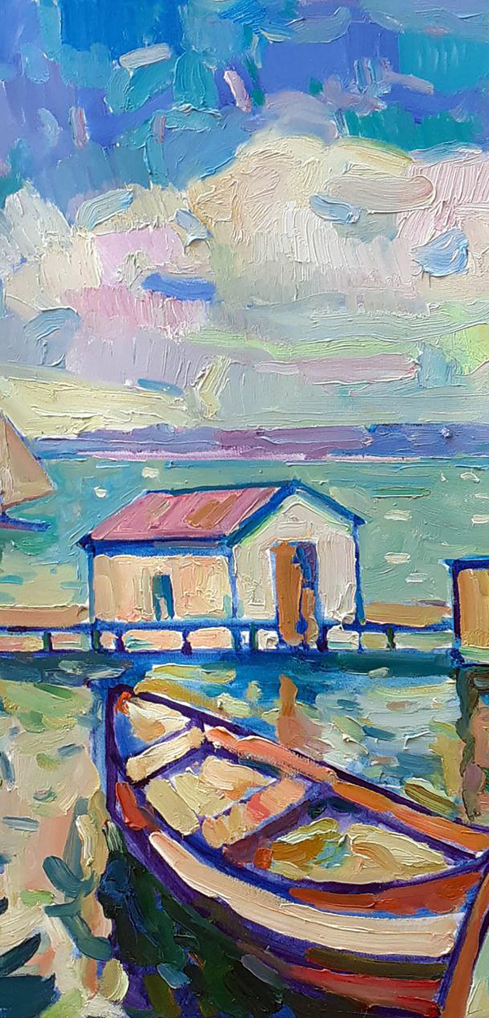 Vibrant impressionist oil painting by Peter Dobrev: rowboat on turquoise water