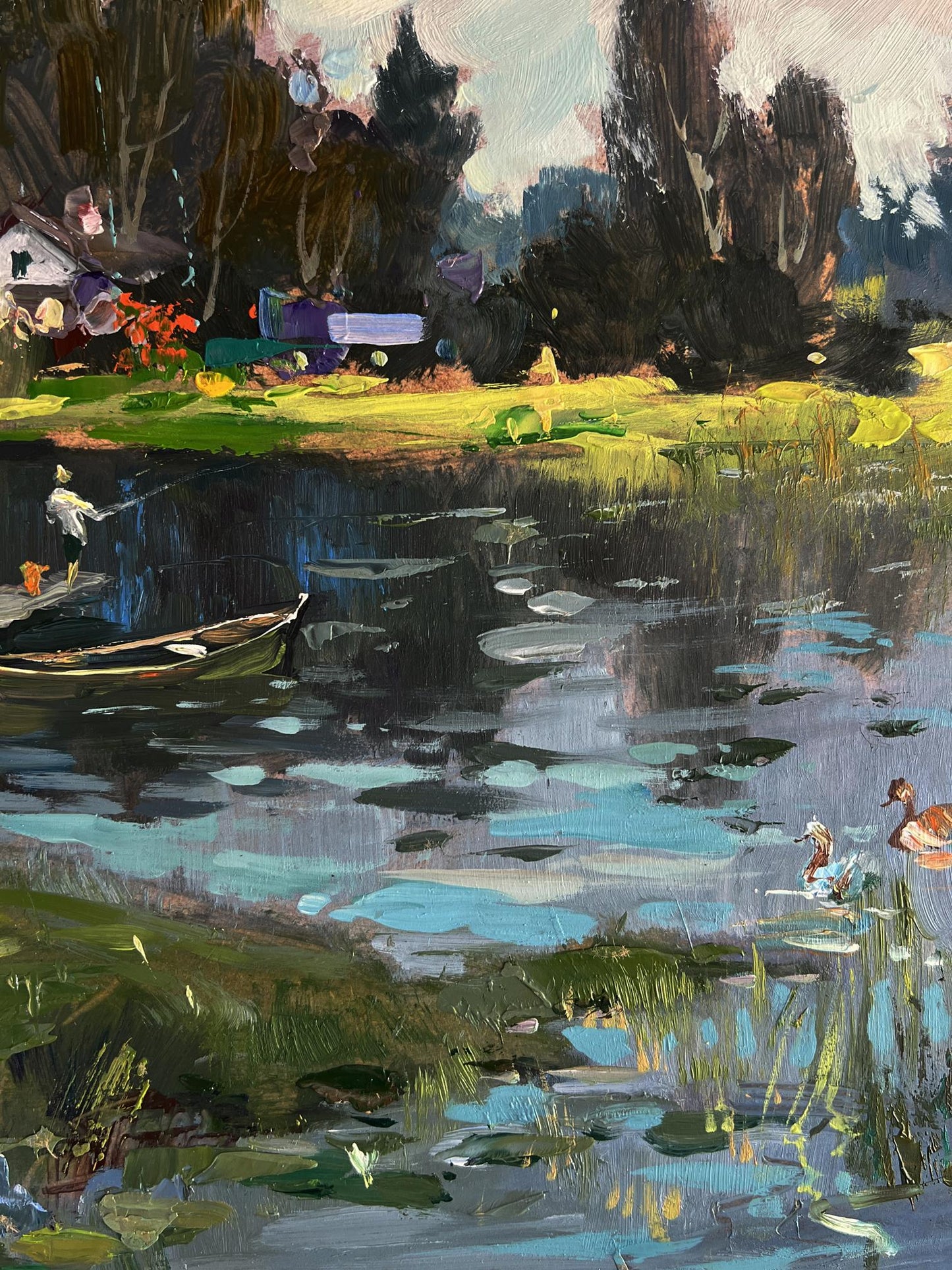 Serene impressionistic oil painting of rural grey river by Yuriy Suprunchuk