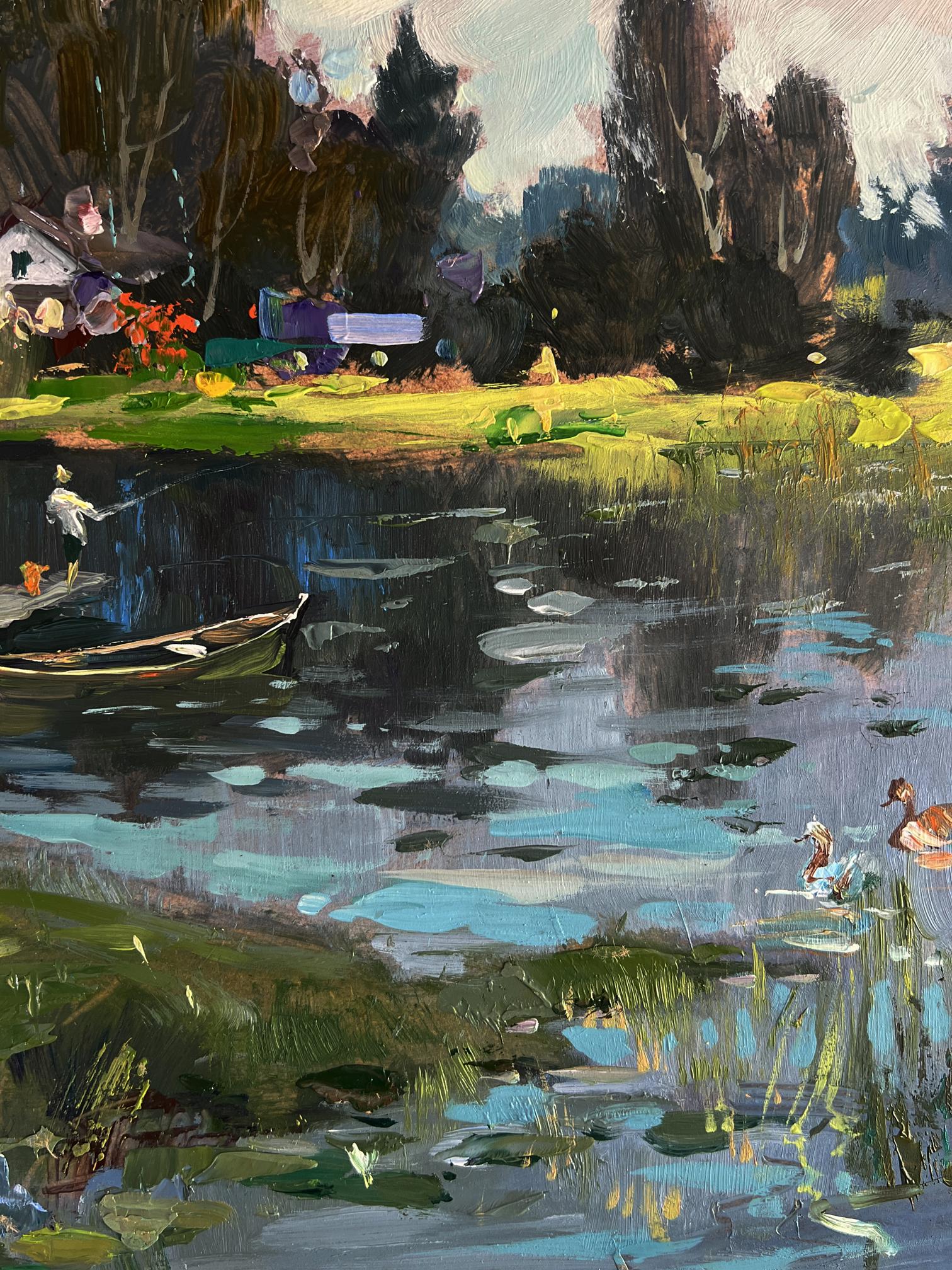 Serene impressionistic oil painting of rural grey river by Yuriy Suprunchuk