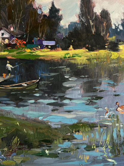 Serene impressionistic oil painting of rural grey river by Yuriy Suprunchuk