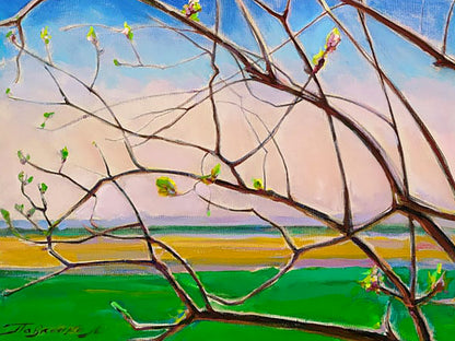 Oil painting Spring by Leonid Pavlenko: brown branches, green buds, blue sky
