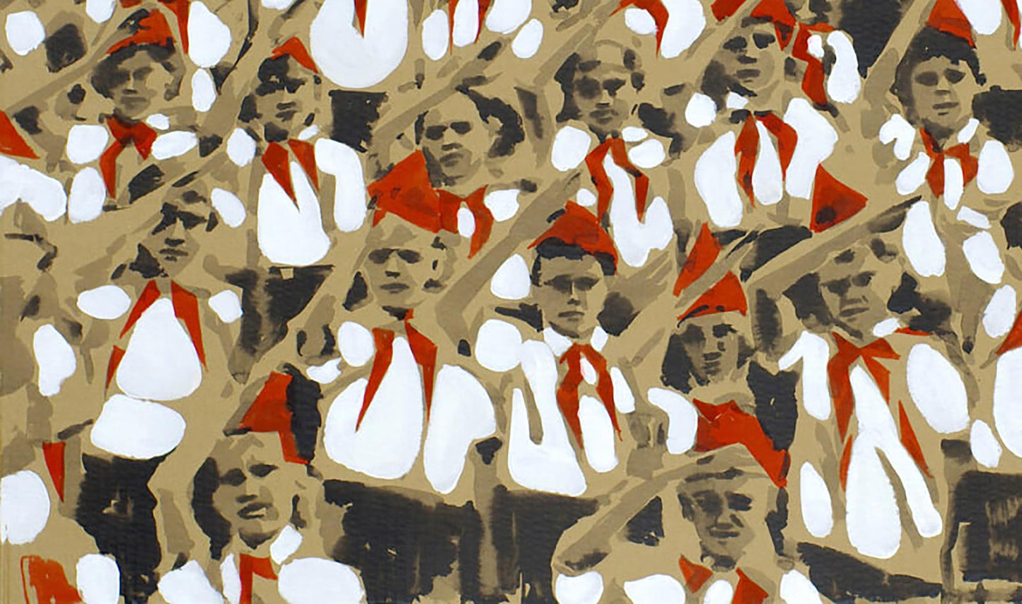 Stylized acrylic painting of student meeting Dima Filatov with red-hatted faces