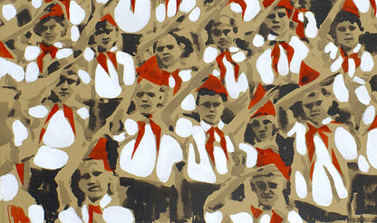 Stylized acrylic painting of student meeting Dima Filatov with red-hatted faces