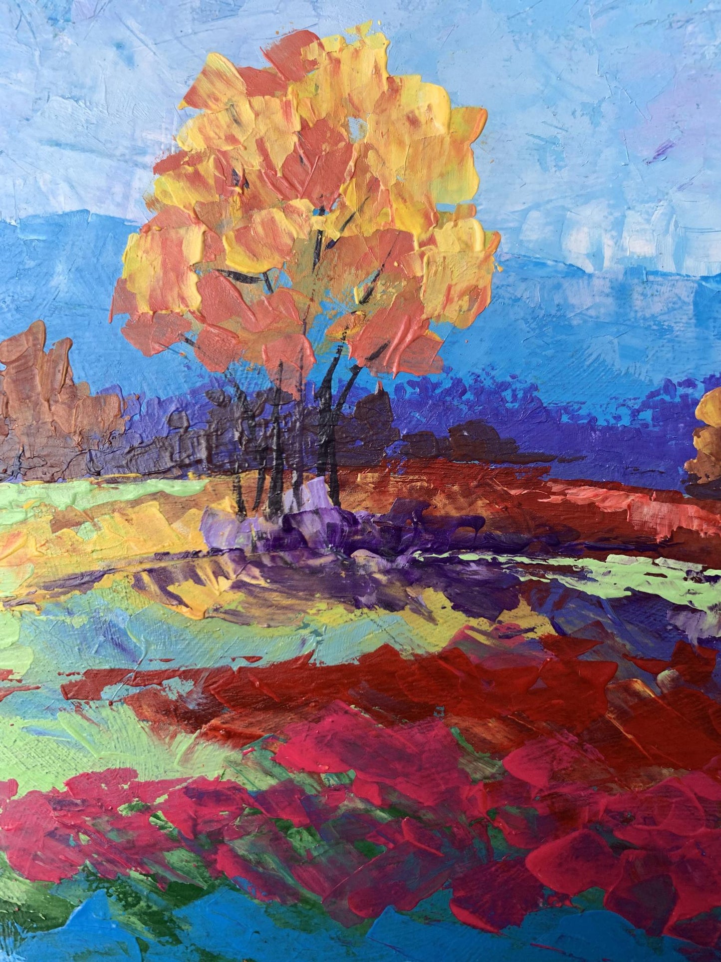 Vibrant impressionist oil painting Autumn lonely tree by V. Zadorozhnya