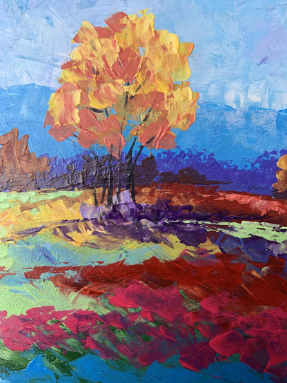 Vibrant impressionist oil painting Autumn lonely tree by V. Zadorozhnya