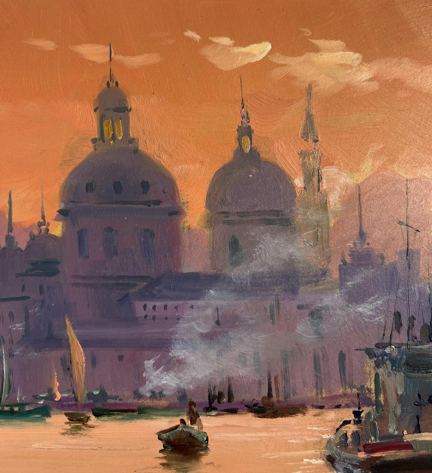 Oil painting of Venetian cityscape by Yuriy Suprunchuk under orange sky