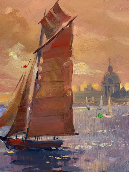 Oil painting of vibrant red sailboat evening sailing at sea by Yuriy Suprunchuk