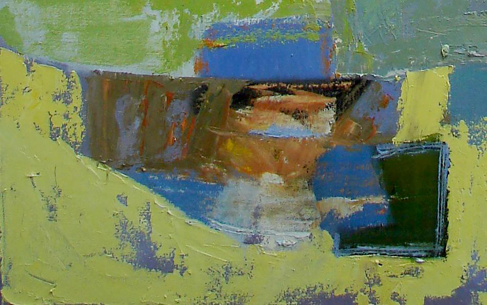 Oil painting Gentle letters by Tatyana Shulyak with bold green, blue, ochre strokes and dark void