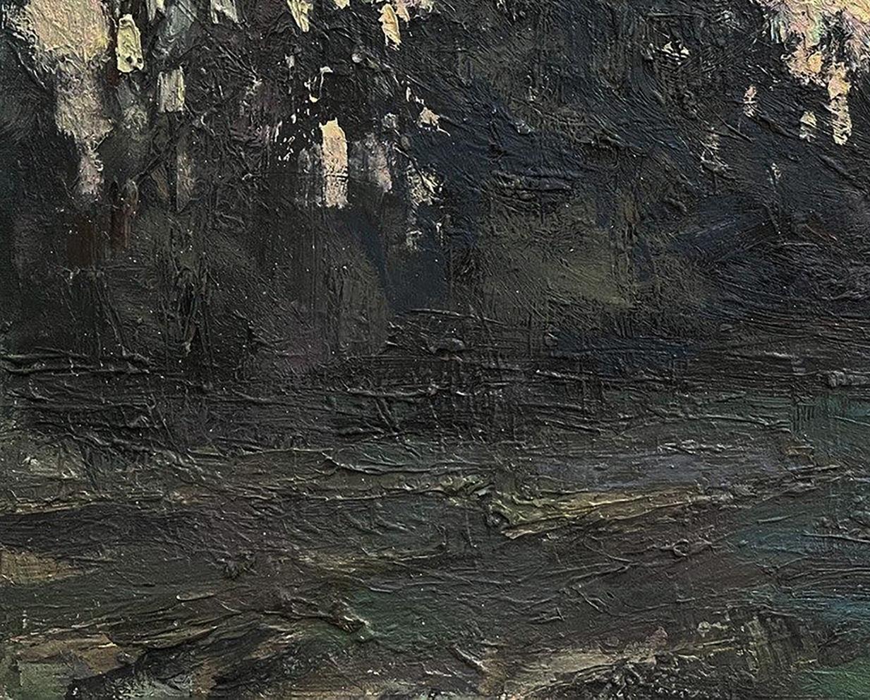 Dark textured oil painting of green forest by Volodymyr Pashchenko