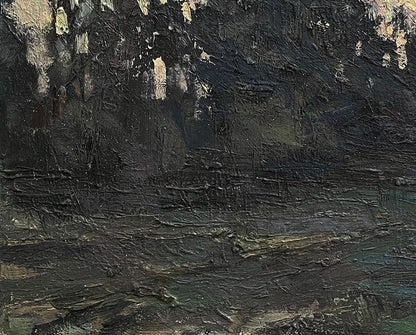 Dark textured oil painting of green forest by Volodymyr Pashchenko