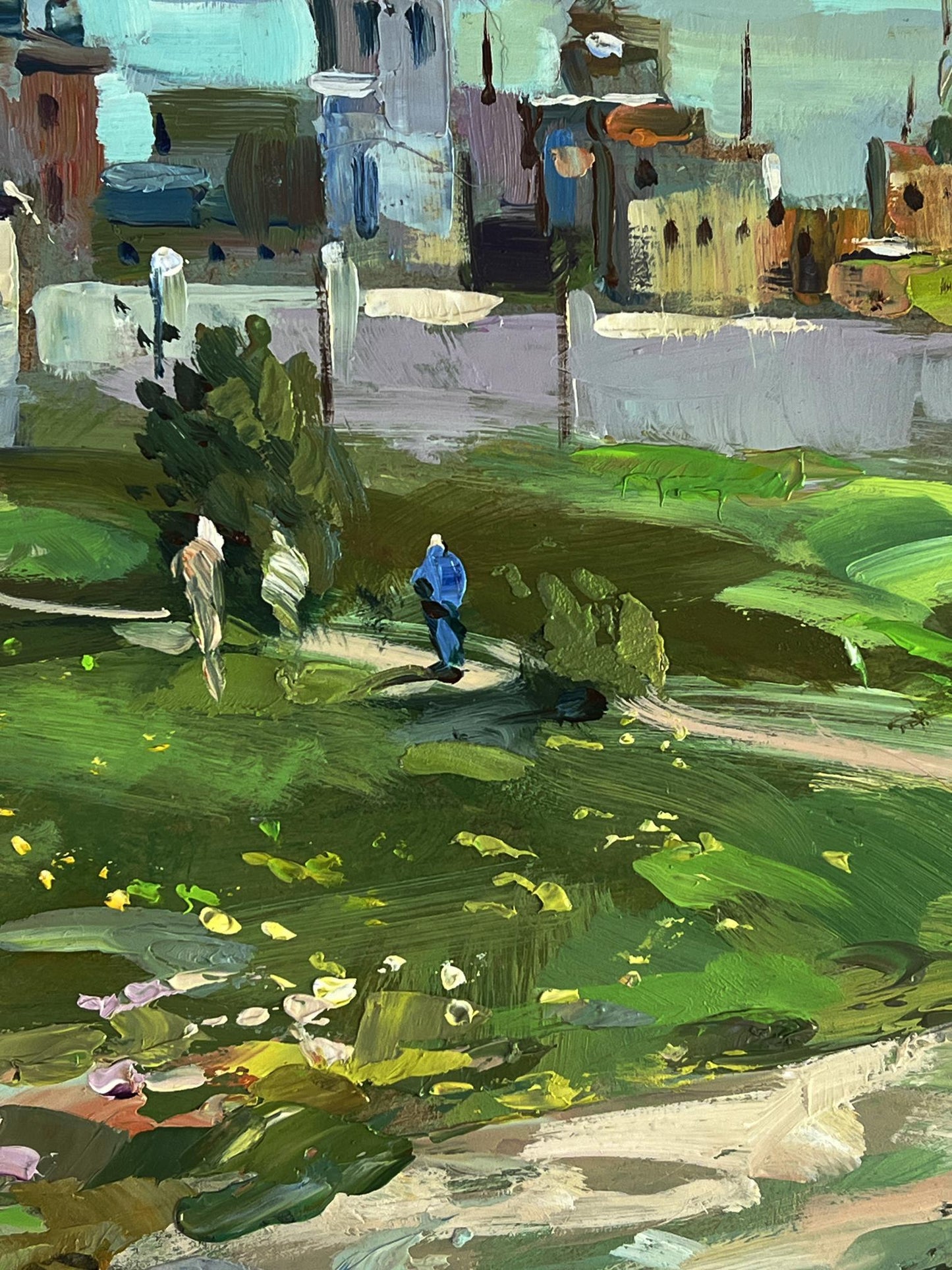 Oil painting City Monastery by Yuriy Suprunchuk: blue figure in lush fields