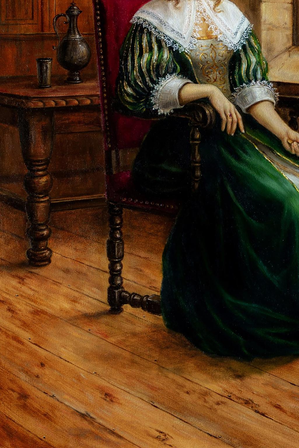 Oil painting of emerald green velvet gown with gold embroidery by Valeriy Bulat