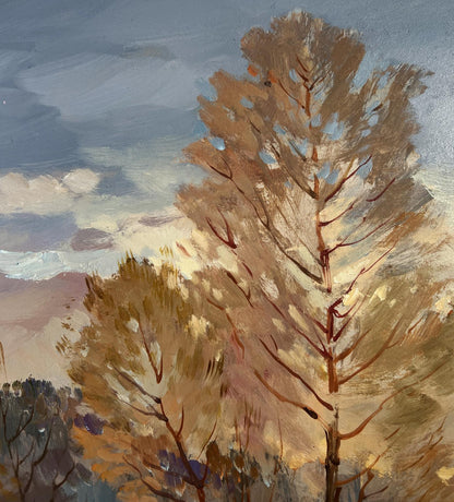 Oil painting of tall trees in golden foliage, snow and sunset lights by Yuriy Suprunchuk