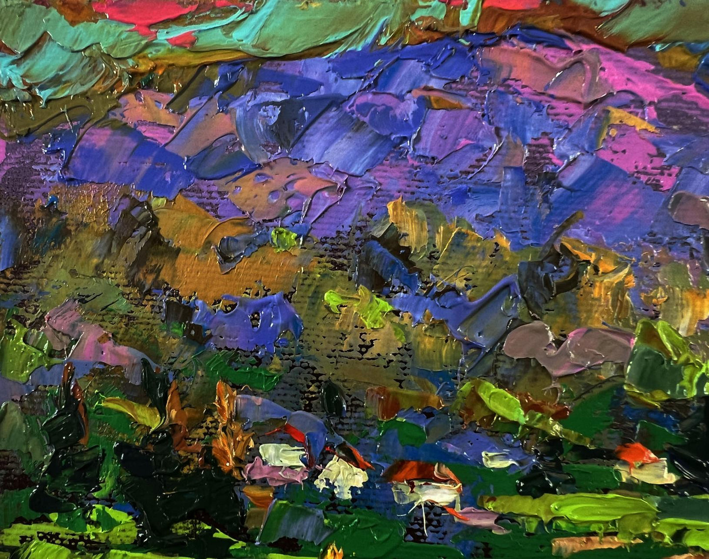 Vibrant impressionist oil painting of rural mountains by Oleksiy Ivanyuk
