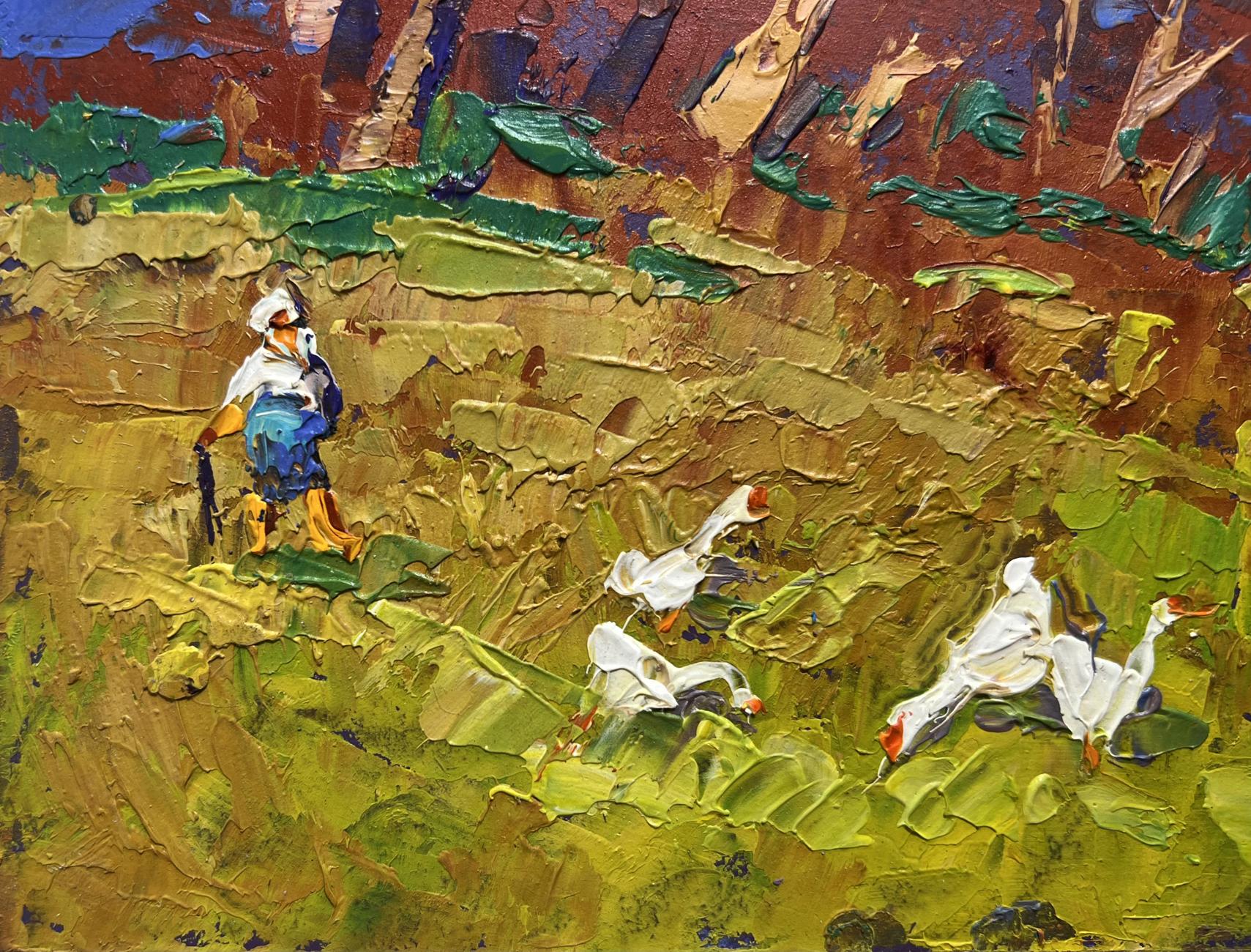Oil painting Warm evening days by Oleksiy Ivanyuk: figure in blue-white attire with geese in green landscape