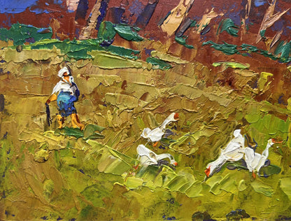 Oil painting Warm evening days by Oleksiy Ivanyuk: figure in blue-white attire with geese in green landscape