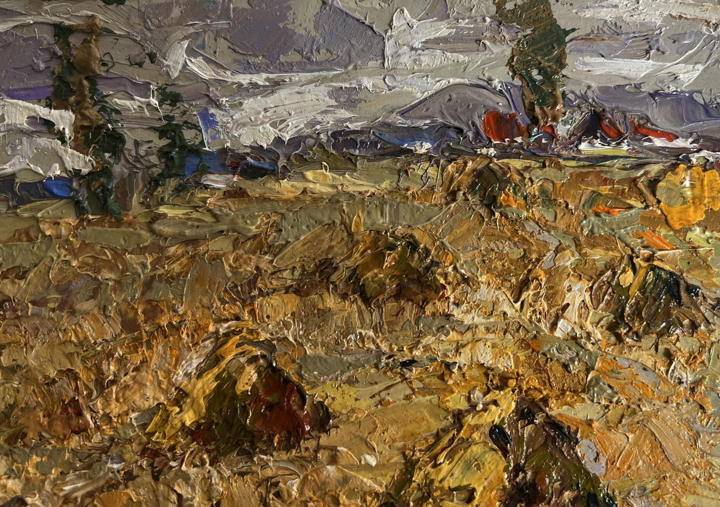 Impasto landscape oil painting by Oleksiy Ivanyuk, textured golds and browns