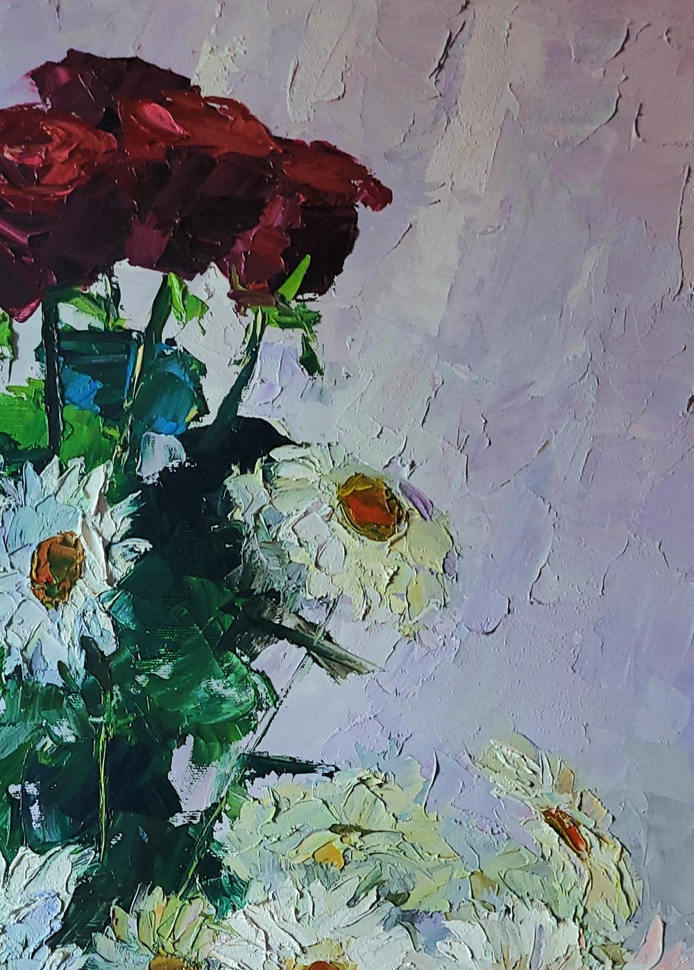 Oil painting Bouquet of daisies and roses by Boris Serdyuk, impasto roses and daisies