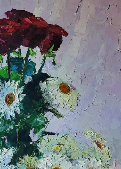 Oil painting Bouquet of daisies and roses by Boris Serdyuk, impasto roses and daisies