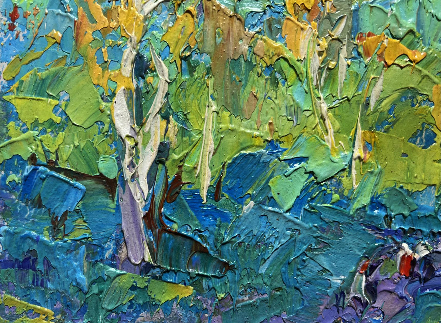 Vibrant impressionist oil painting of early autumn forest by Oksana Ivanyuk