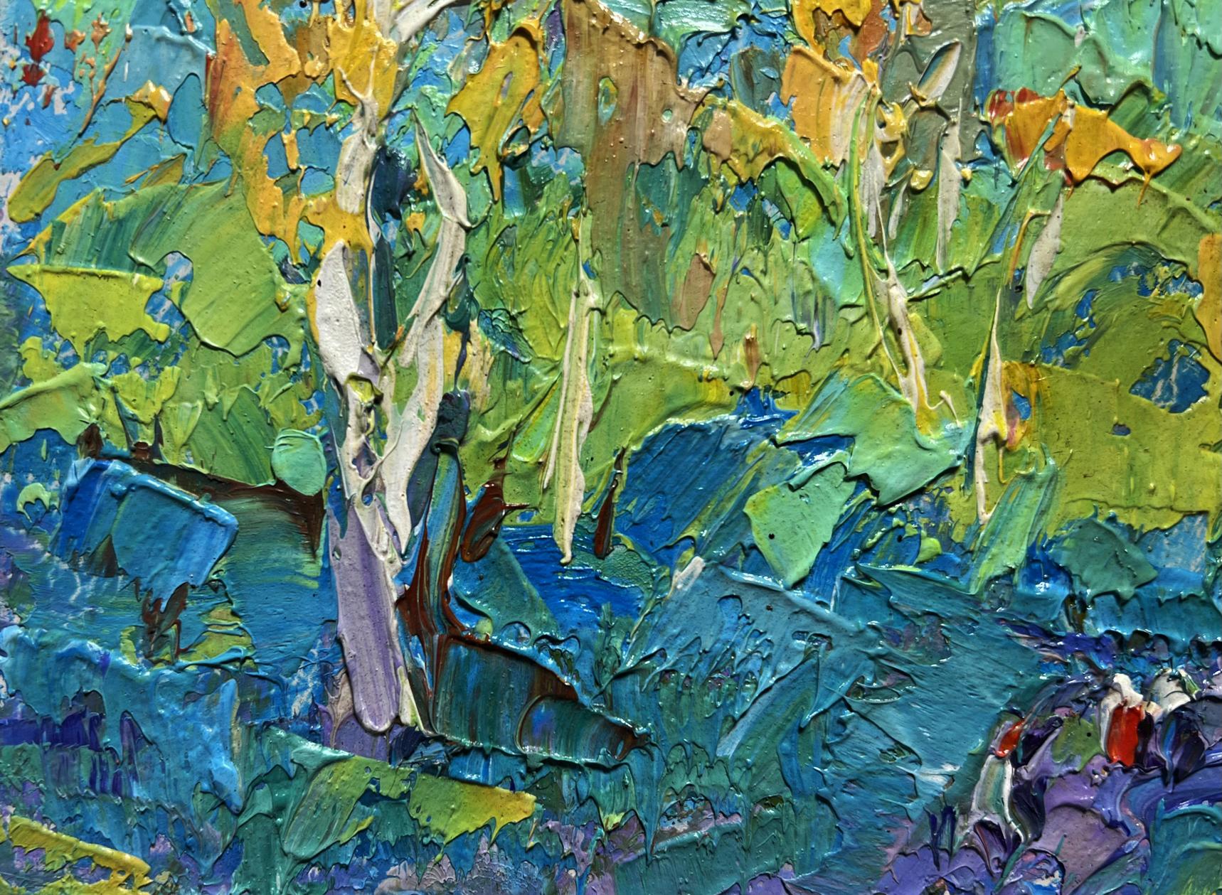 Vibrant impressionist oil painting of early autumn forest by Oksana Ivanyuk