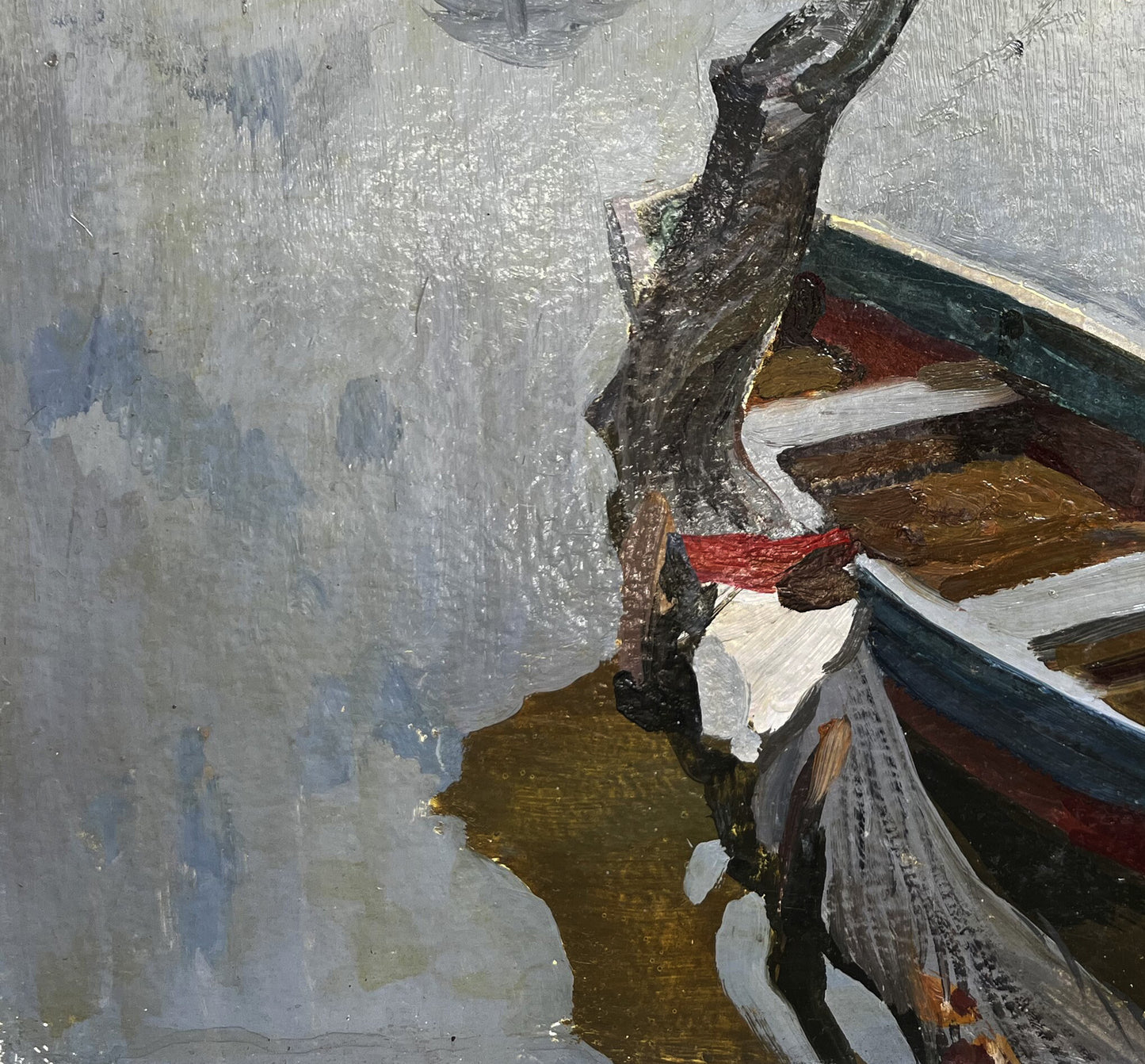 Oil painting Silence by Boris Kolesnik: weathered wooden boat on gray background