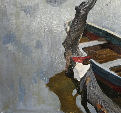Oil painting Silence by Boris Kolesnik: weathered wooden boat on gray background