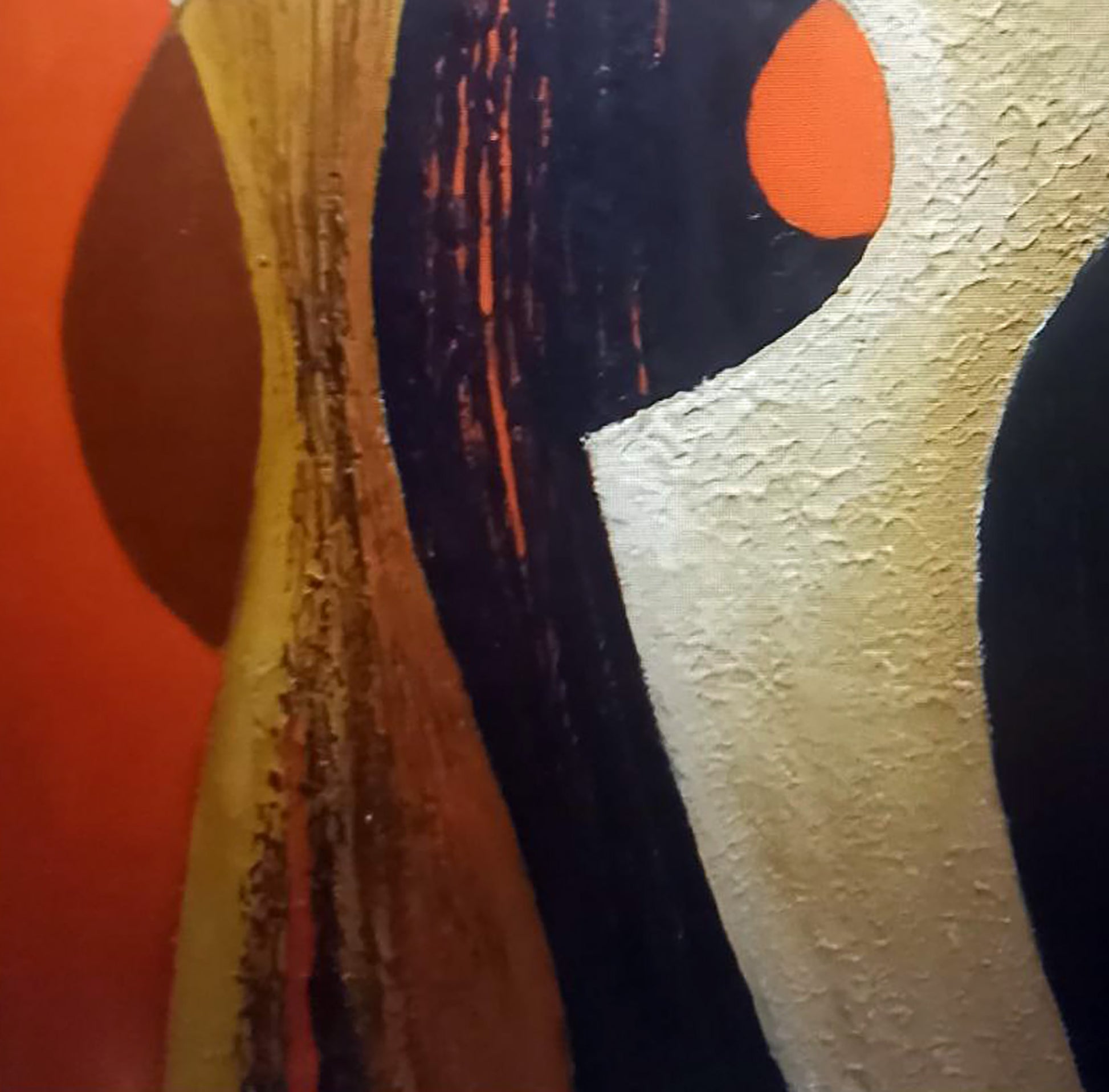 Oil painting by Alexander Strashevich with bold orange black cream textured strokes and circular motif