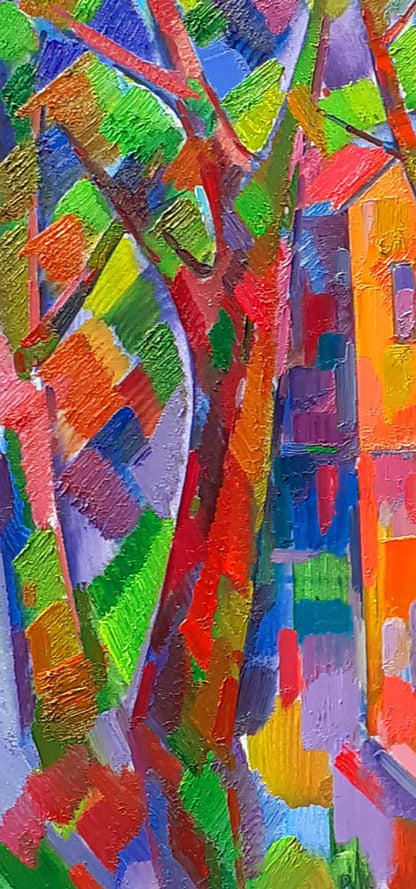 Vibrant oil painting of houses through trees by Peter Dobrev in rainbow hues