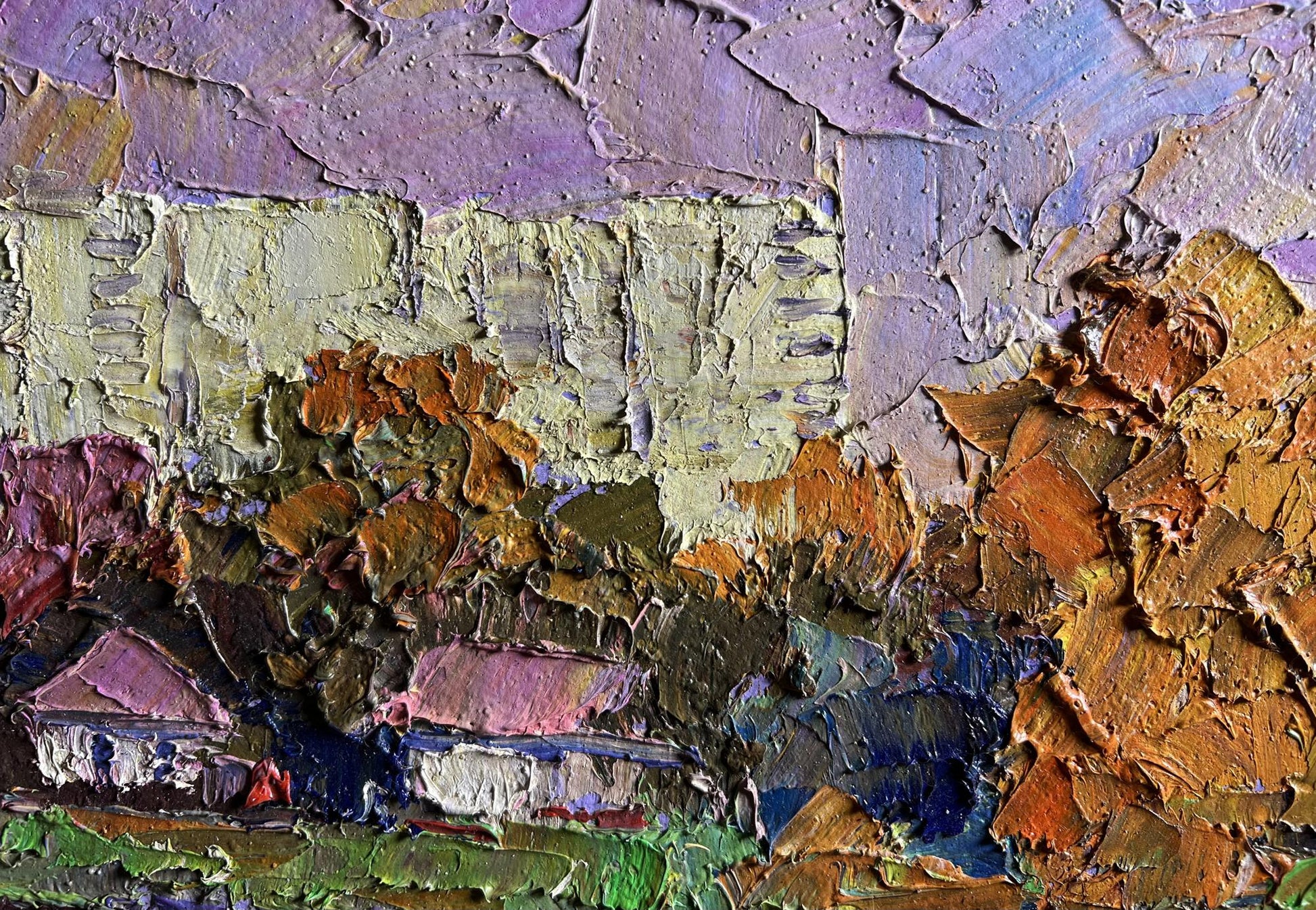 Oil painting Overlooking the city by Boris Serdyuk with purple ochre green brushstrokes