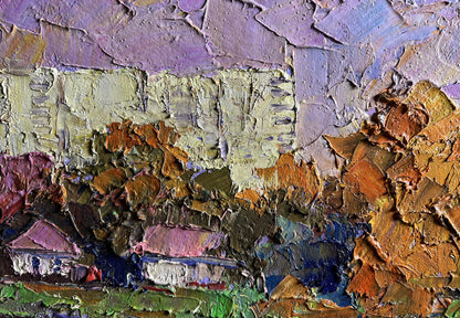 Oil painting Overlooking the city by Boris Serdyuk with purple ochre green brushstrokes