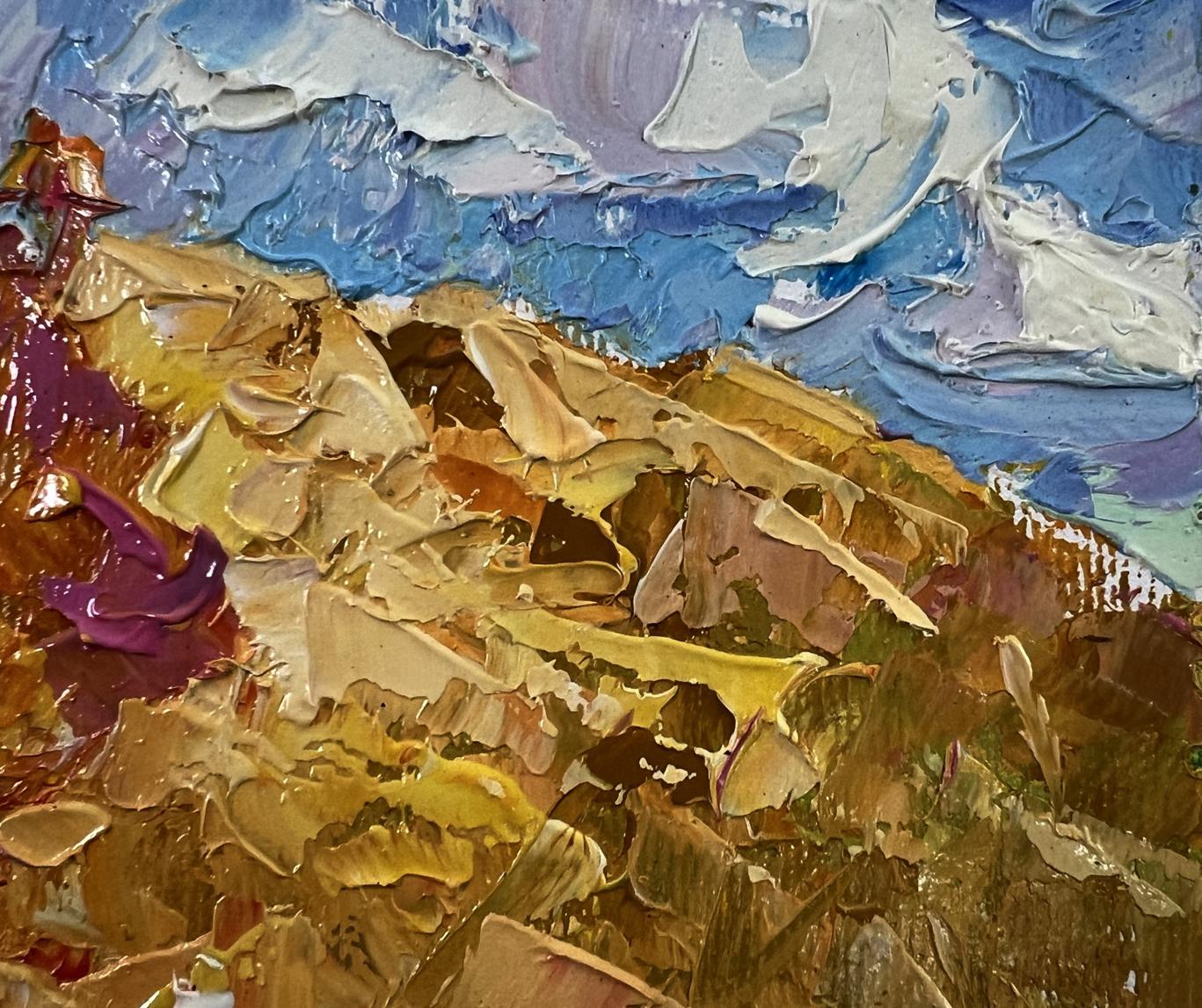 Impasto oil painting Daytime haymaking by Oleksiy Ivanyuk with golden ochre landscape