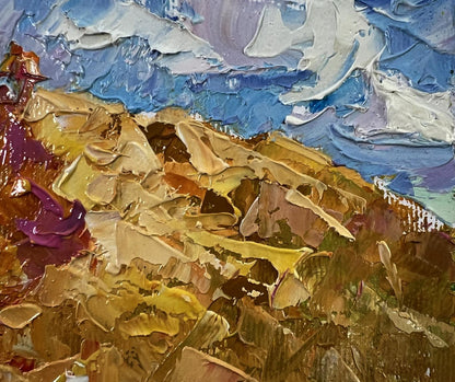 Impasto oil painting Daytime haymaking by Oleksiy Ivanyuk with golden ochre landscape