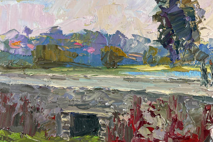 Impressionistic oil painting of mysterious evening on city dam by Boris Serdyuk