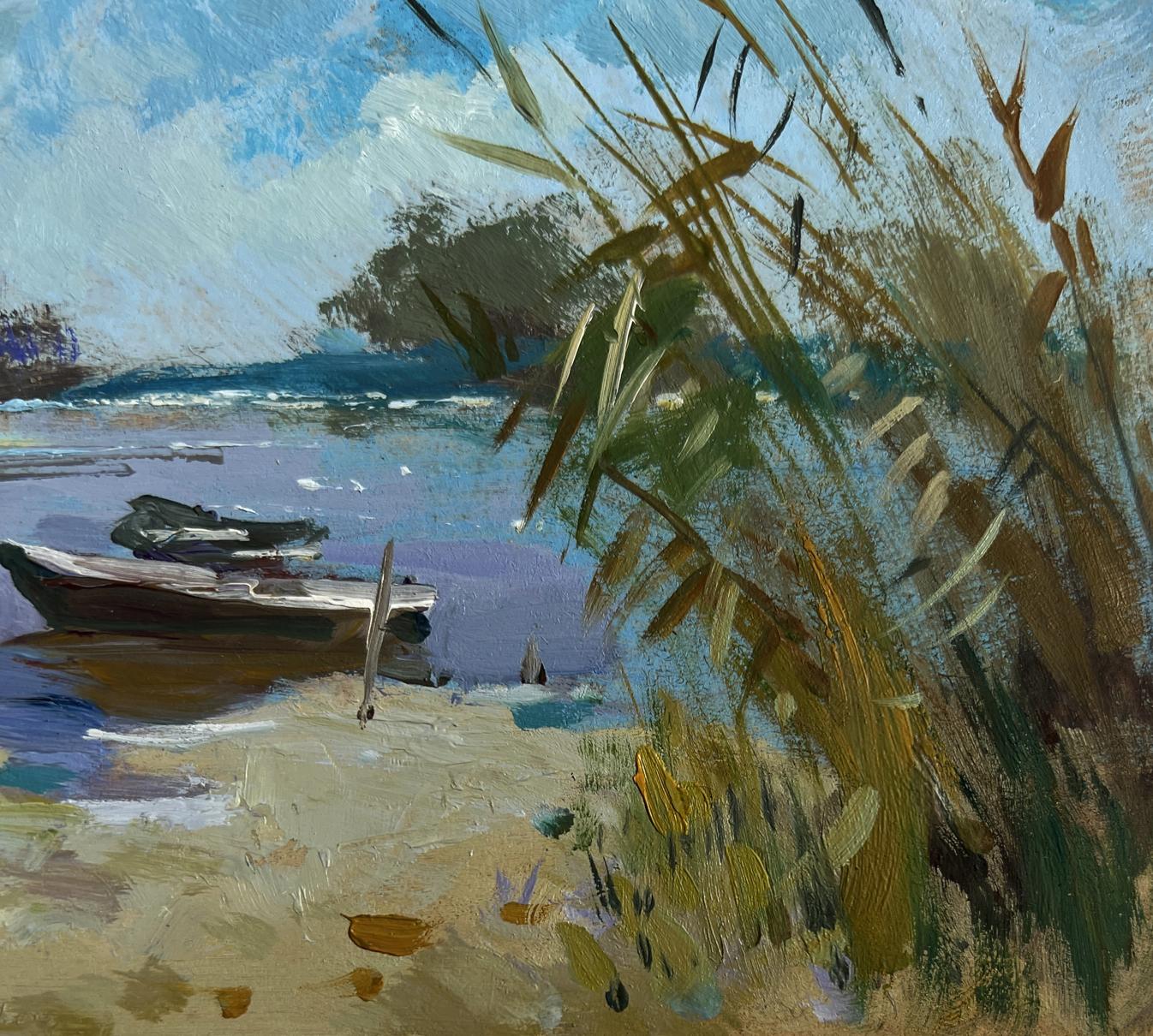 Oil painting of rustic rowboat after hard day in nature by Yuriy Suprunchuk