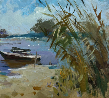 Oil painting of rustic rowboat after hard day in nature by Yuriy Suprunchuk