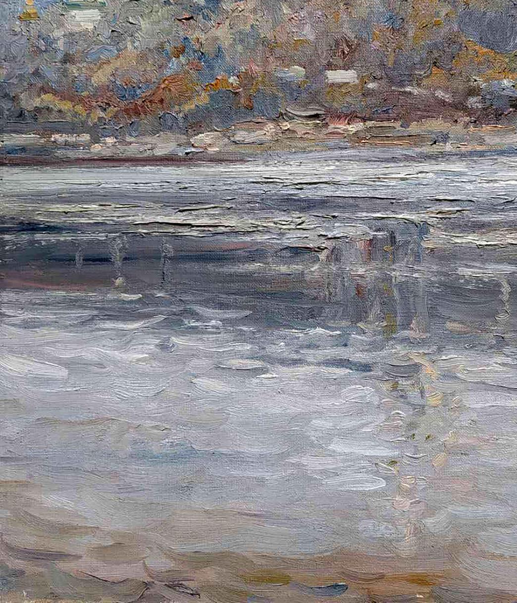 Oil painting View of the Church by Leonid Pavlenko: textured river in grays and blues