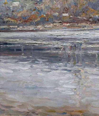 Oil painting View of the Church by Leonid Pavlenko: textured river in grays and blues