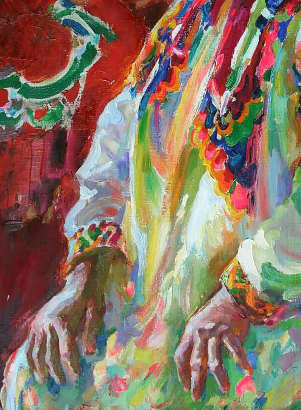 Vibrant oil painting of hands in colorful embroidered festive clothes by Leonid Pavlenko