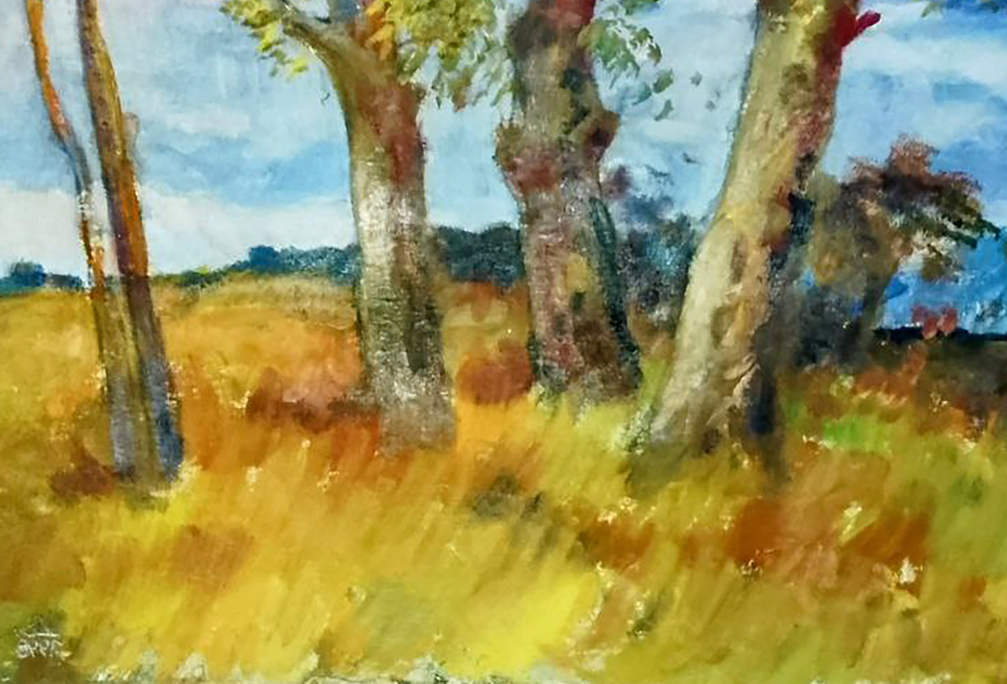 Vibrant impressionist oil painting by Vitaly Duhnevich: tall trees in golden field under blue sky