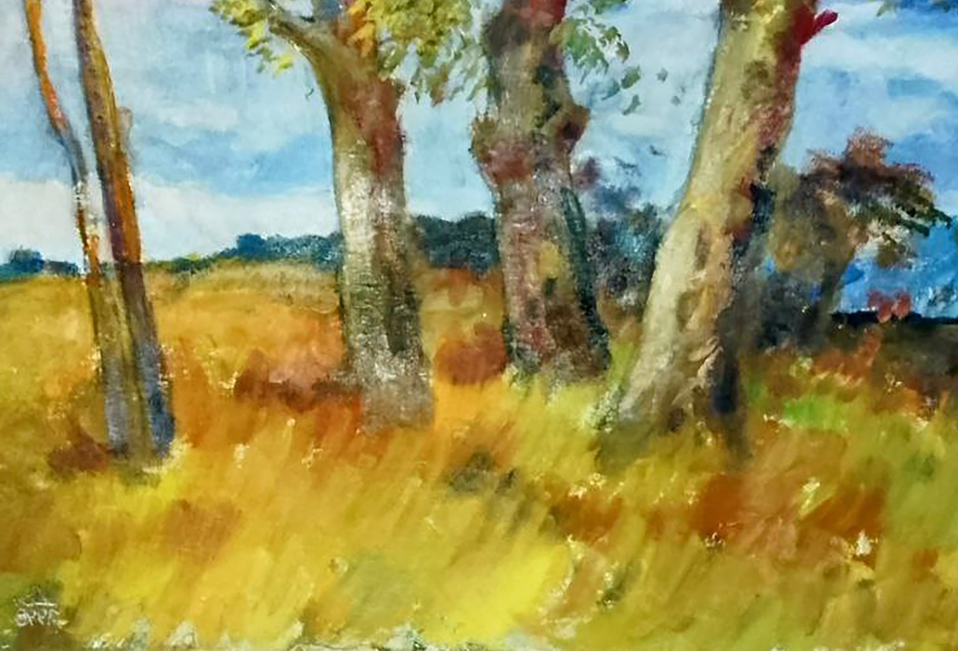 Vibrant impressionist oil painting by Vitaly Duhnevich: tall trees in golden field under blue sky
